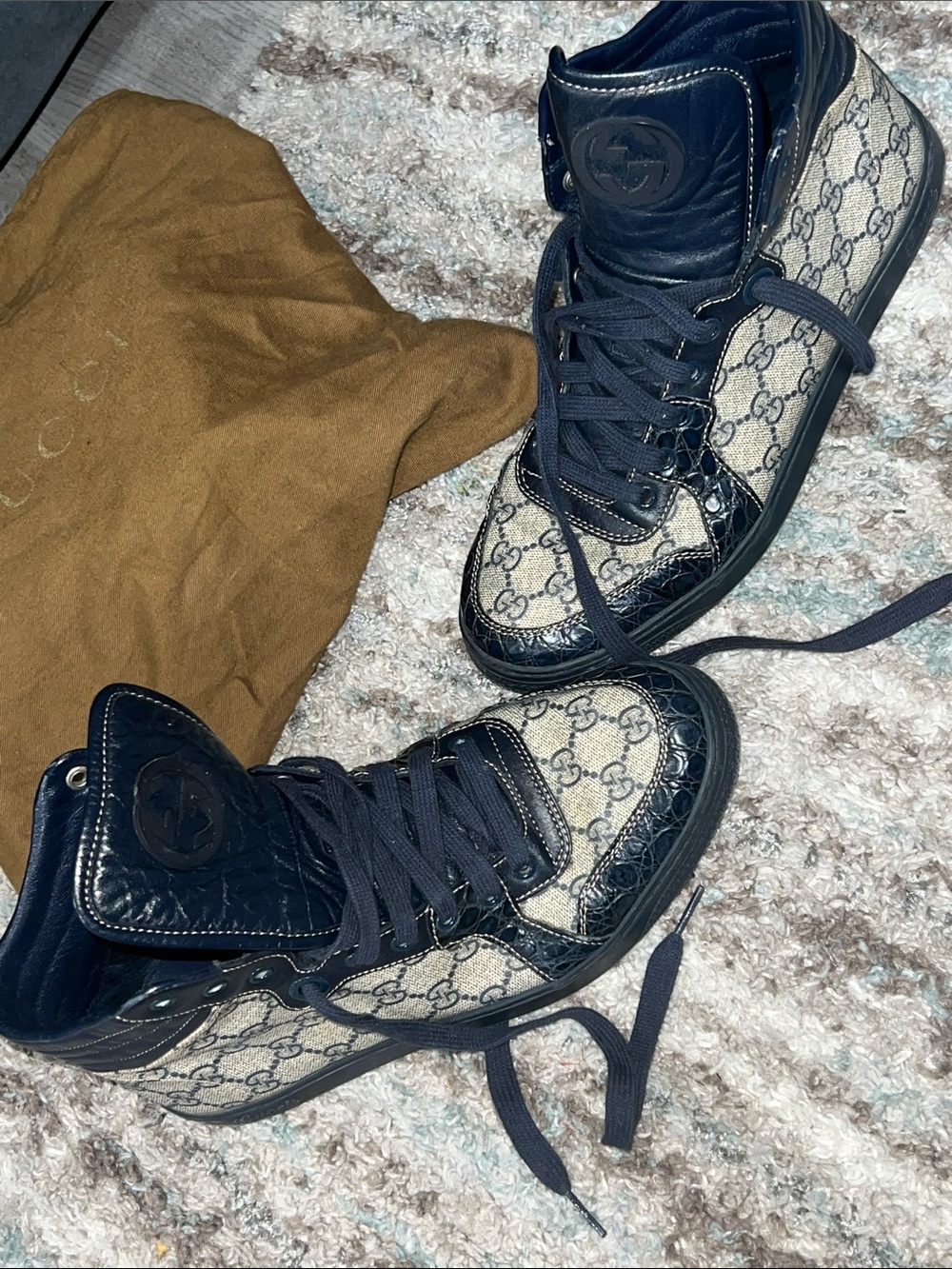 Gucci Navy Leather & Beige GG High-Top Sneakers - Picture 1 of 4
